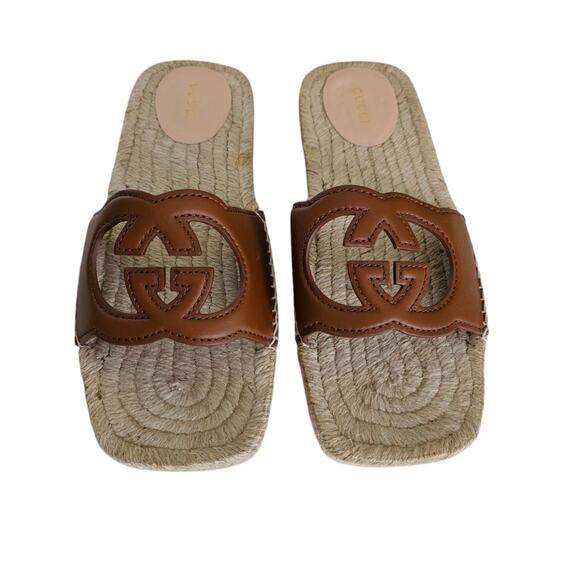 Gucci GG Espadrille Flat Slide Sandal Size 38.5 US 8.5 Brown Cut Out Square Toe